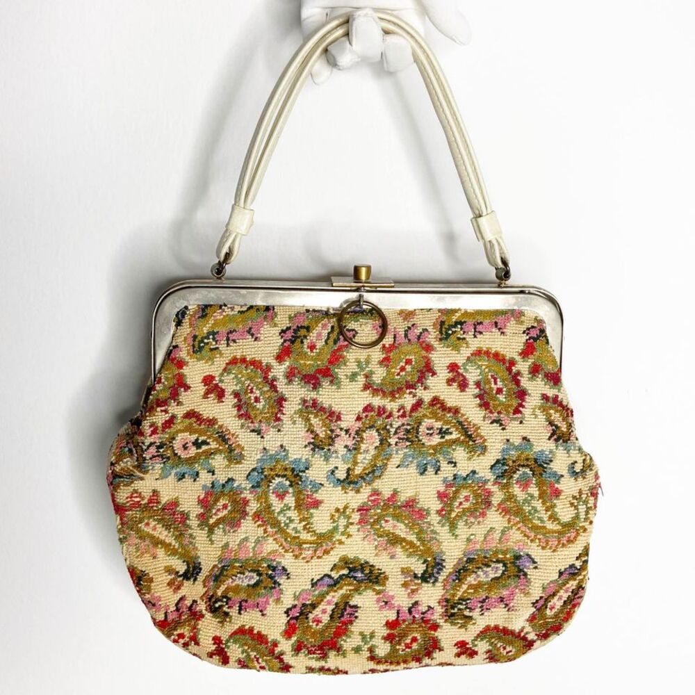Vintage Womens Colorful Paisley Silver Brass Hardware Rug Handbag Purse